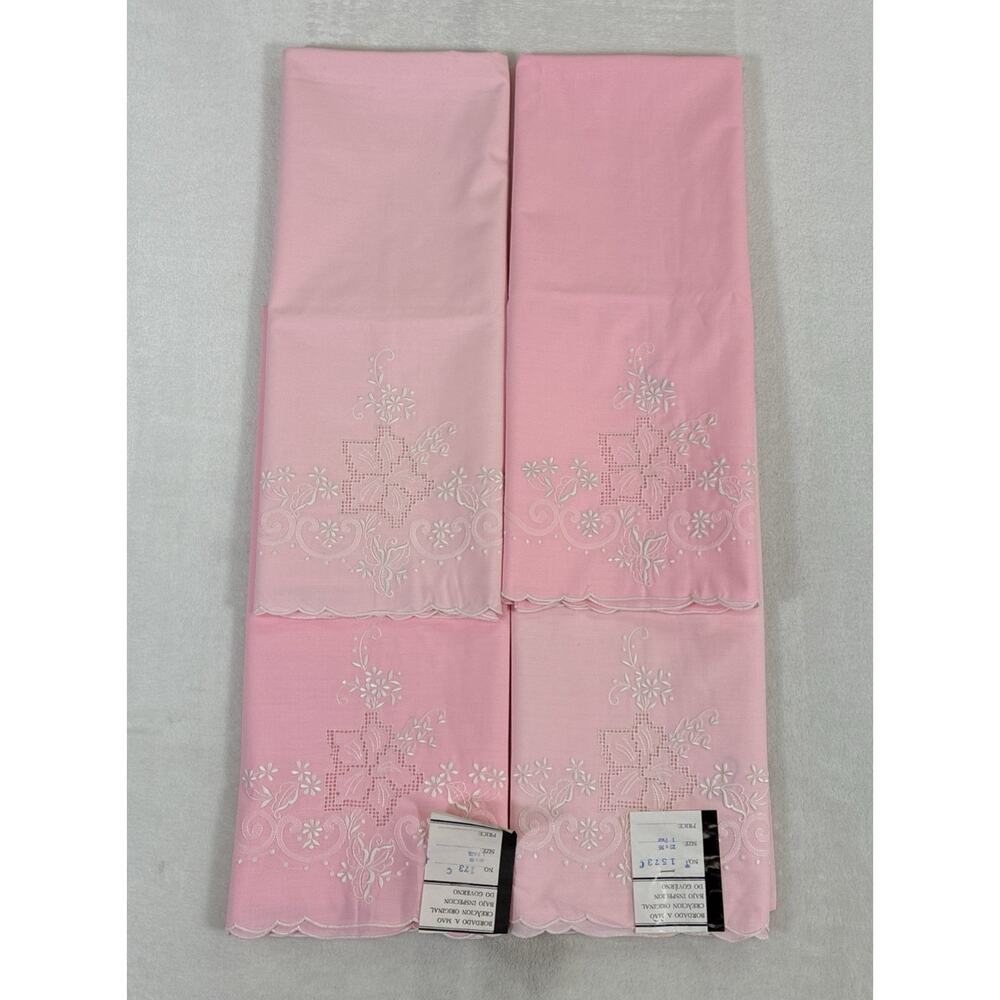 VTG Bordado A. Mao Set of 4 Pink Pillowcases Hand Embroidered Floral Cutout